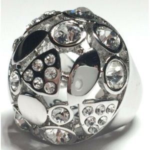 Silver Art Deco Dome Cocktail Ring Size 6 7 8 Rhodium Plated Statement Crystal